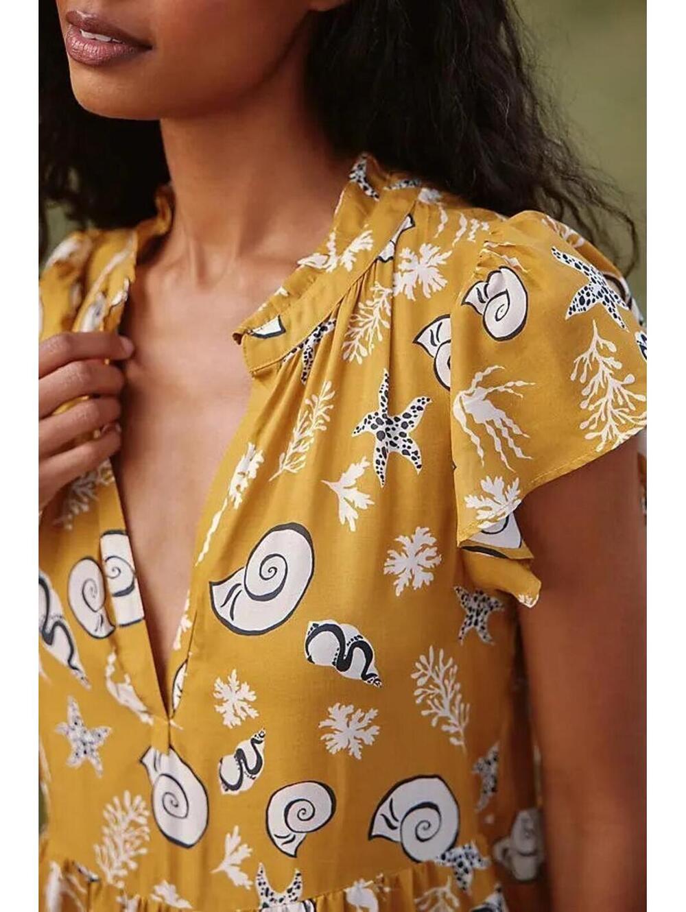 Anthropologie Yellow Shell-Print Ruffle-Sleeve Dress